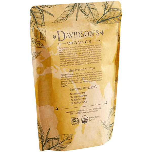 A brown Davidson's Organic Genmaicha loose leaf tea bag with text and leaves on it.