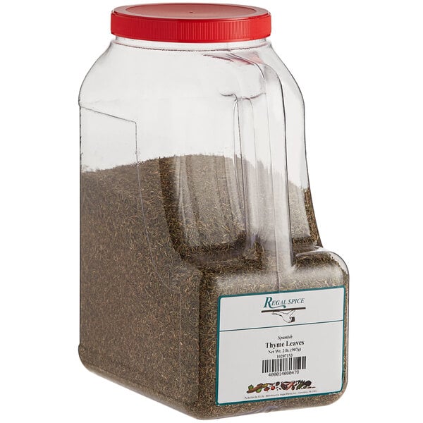 A plastic container of Regal Spanish Thyme leaves with a red lid.