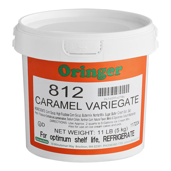 A white Oringer container of caramel variegate with a label.