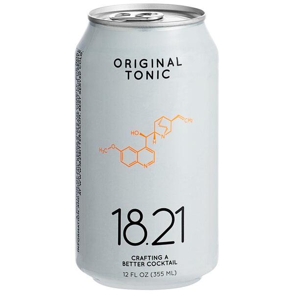An 18.21 Bitters Original Tonic white can with black text and orange chemical formula.