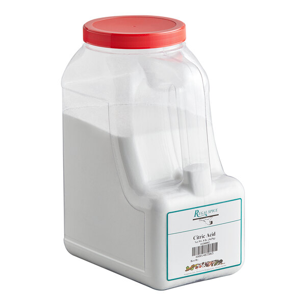A large plastic container of Regal citric acid with a red lid.