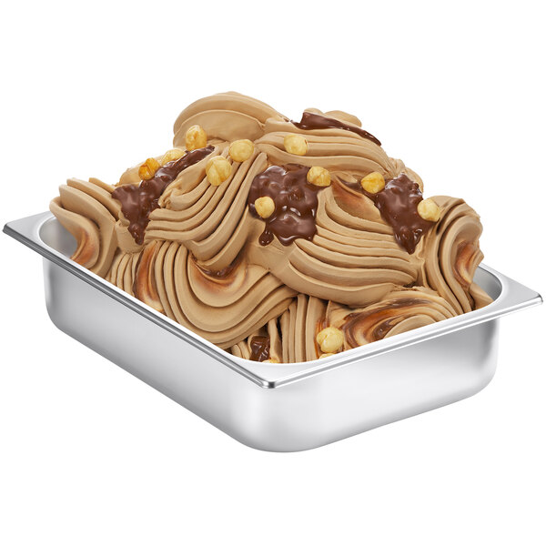 A metal pan filled with Fabbri Hazelnut & Cocoa variegate with nuts on top.