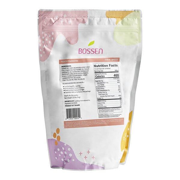 A white bag of Bossen peach powder mix with pink and yellow text.