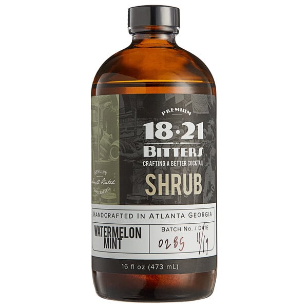 A bottle of 18.21 Bitters Watermelon Mint Shrub with a label.
