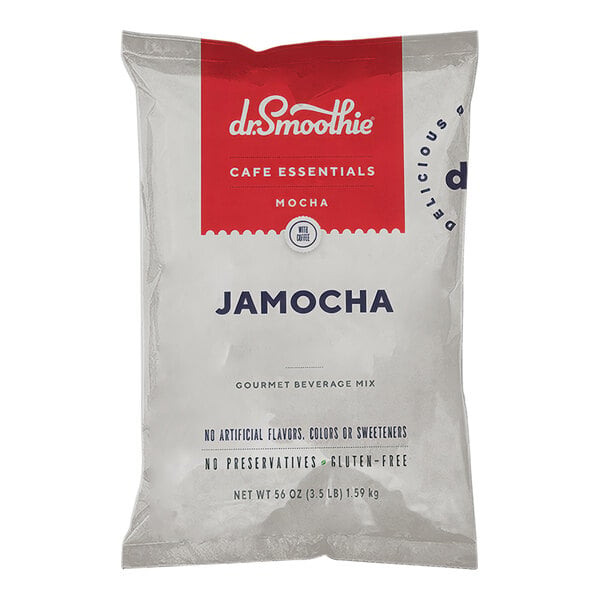 A white package of Dr. Smoothie Cafe Essentials Jamocha Beverage Mix with red and blue text.