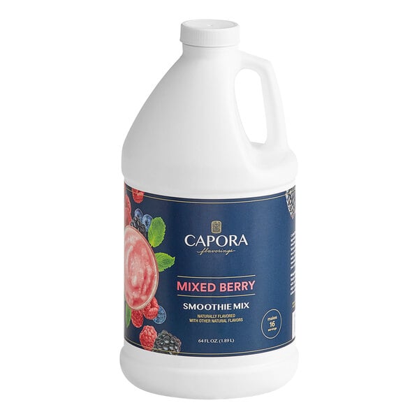 A white Capora jug with a blue label for mixed berry smoothie mix.