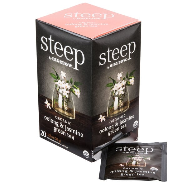 A package of Steep By Bigelow organic Oolong and Jasmine green tea bags.