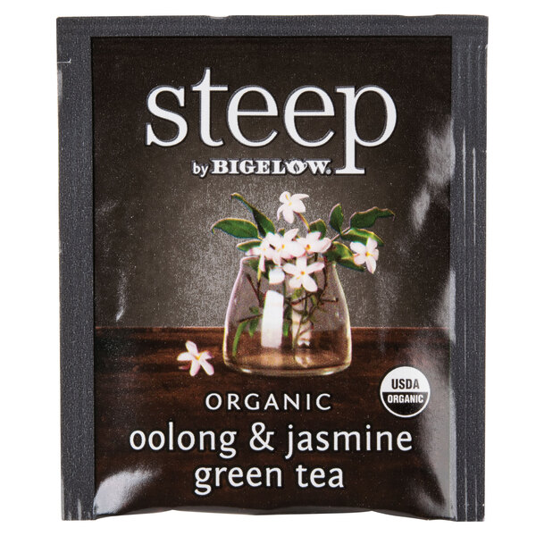 A black Steep By Bigelow package of 20 organic Oolong and Jasmine green tea bags.