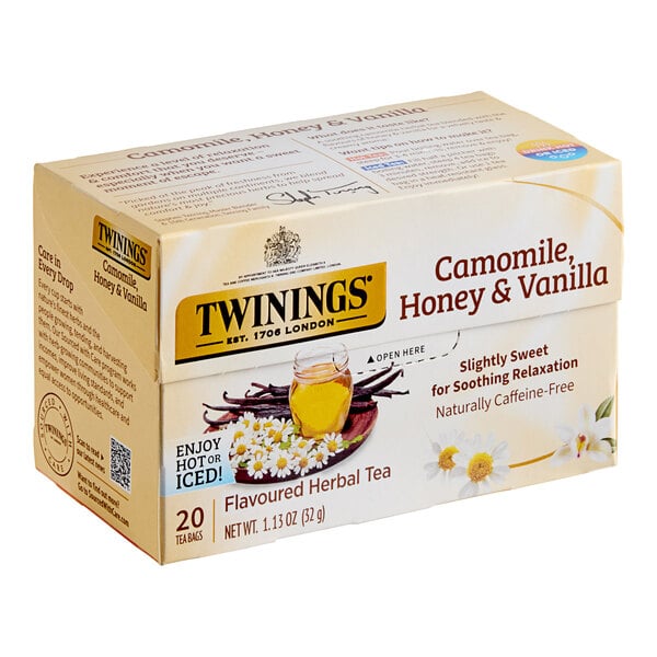 A box of Twinings Chamomile, Honey & Vanilla Tea Bags.
