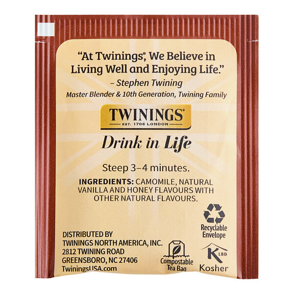 A package of Twinings Chamomile, Honey &amp; Vanilla herbal tea bags.