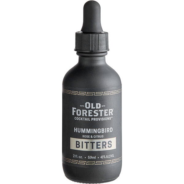 A black Old Forester bottle of Hummingbird Rose and Citrus Bitters with white text.