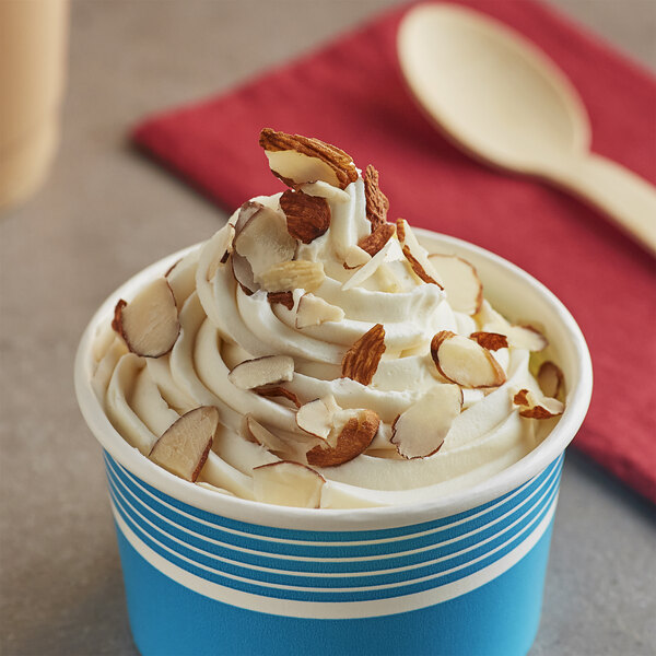 A bowl of Fanale almond ice cream with almonds on top.