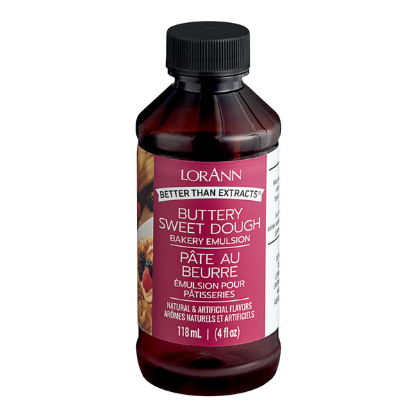 A 4 fl. oz. bottle of LorAnn Oils Buttery Sweet Dough Bakery Emulsion.