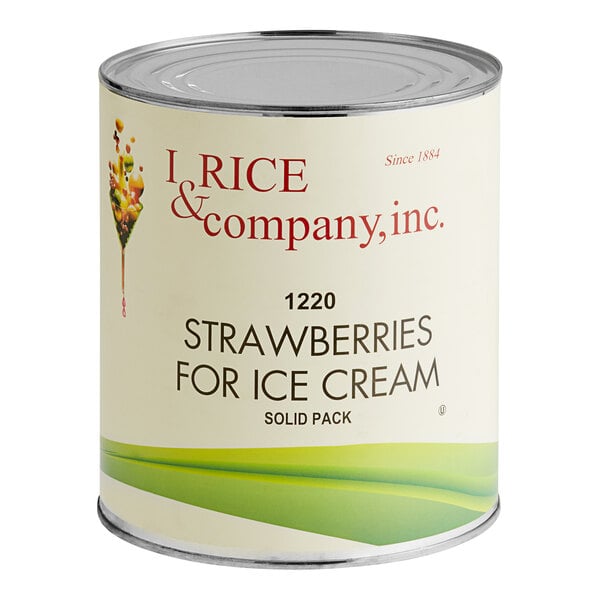 A white #10 can of I. Rice Solid Pack strawberries for ice cream.