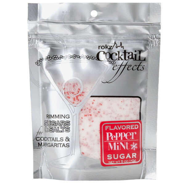 A white package of Rokz peppermint cocktail rimming sugar.