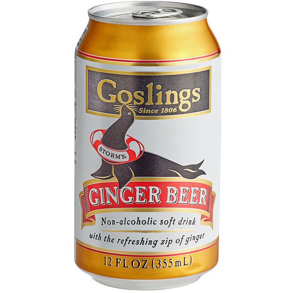 A close up of a Goslings ginger beer can.