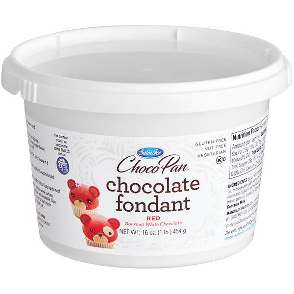 A white container of Satin Ice ChocoPan red chocolate fondant with a label.