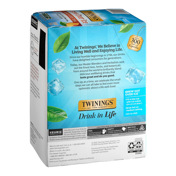 A blue and white box of Twinings Unsweetened Peach Iced Tea K-Cup Pods with text and pictures.