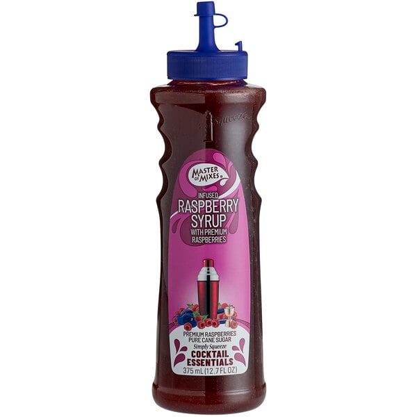 A plastic bottle of Master of Mixes Raspberry Syrup with a purple label.