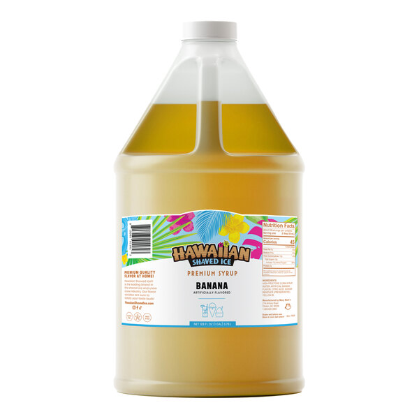 A one-gallon jug of Hawaiian Shaved Ice banana-flavored snow cone syrup.
