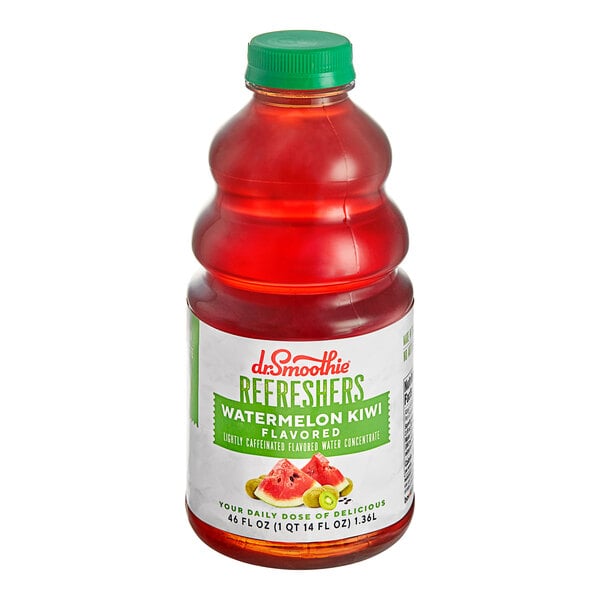 A close up of a bottle of red Dr. Smoothie Watermelon Kiwi Refresher.