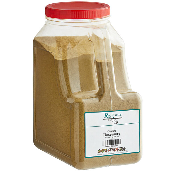 A clear plastic container of Regal Ground Rosemary Leaves with a red lid.