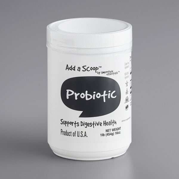 A white container of Add A Scoop Probiotic Blend supplement with a black label.