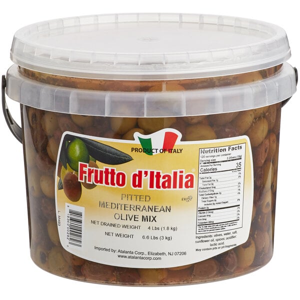A white pail of Frutto d'Italia Pitted Mediterranean Olive Mix.