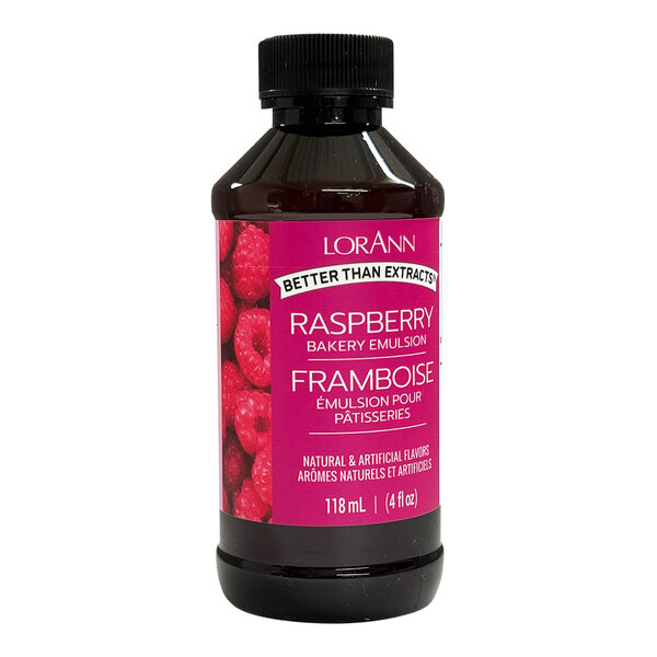 A close-up of a bottle of LorAnn Oils Raspberry Bakery Emulsion with a white label.