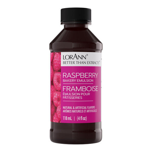 A 4 fl. oz. bottle of LorAnn Oils Raspberry Bakery Emulsion.