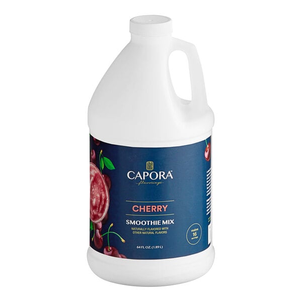 A white Capora jug with a blue label for cherry fruit smoothie mix.