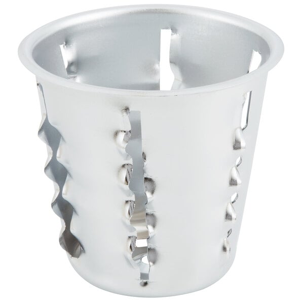 A silver Vollrath King Kutter #3 cone with holes.