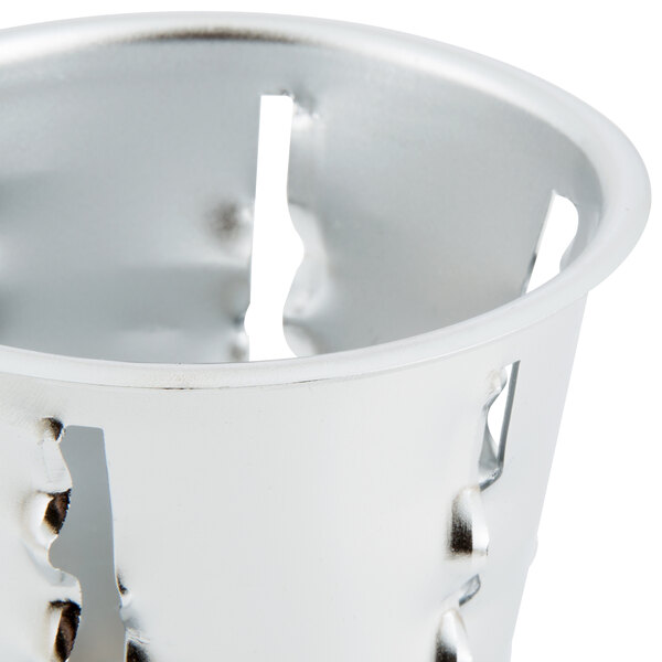 A silver metal cone with holes in it.