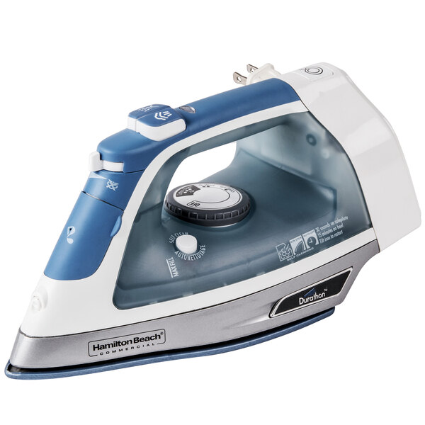 A close up of a Hamilton Beach full size hospitality iron with a retractable cord.