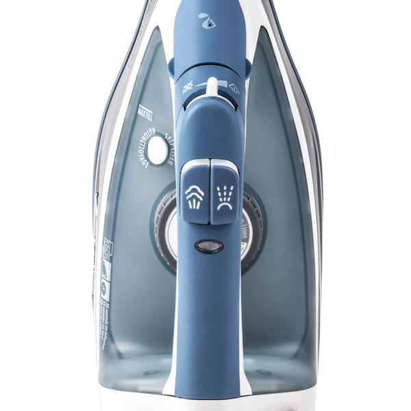 A Hamilton Beach HIR750 full size steam iron with a blue handle and white body.