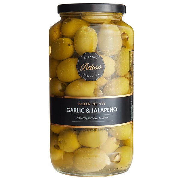 A white container of Belosa Jalapeno & Garlic Stuffed Queen Olives.