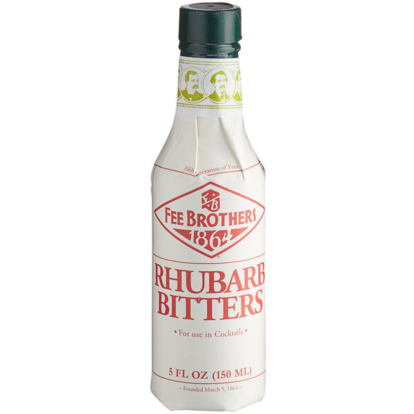 A white Fee Brothers bottle of rhubarb bitters with red text.
