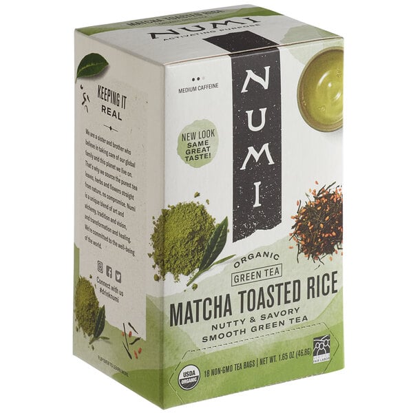 A white box of 6 Numi Organic Matcha Toasted Rice Tea Bags.