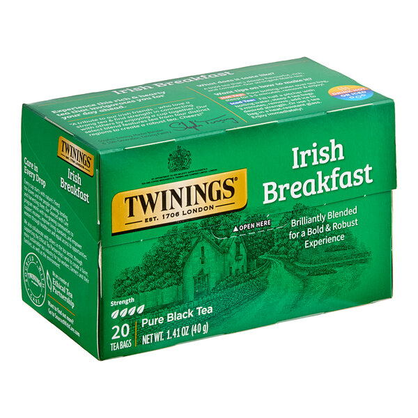 A green box of Twinings Irish Breakfast Tea Bags with white text.