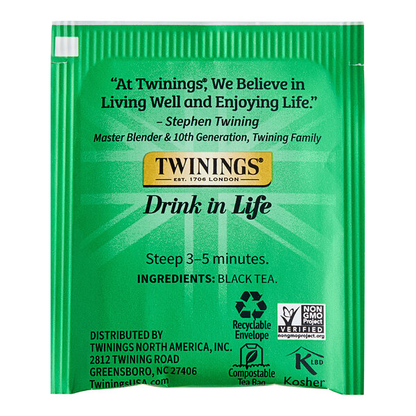 A green box of Twinings Irish Breakfast Tea Bags.
