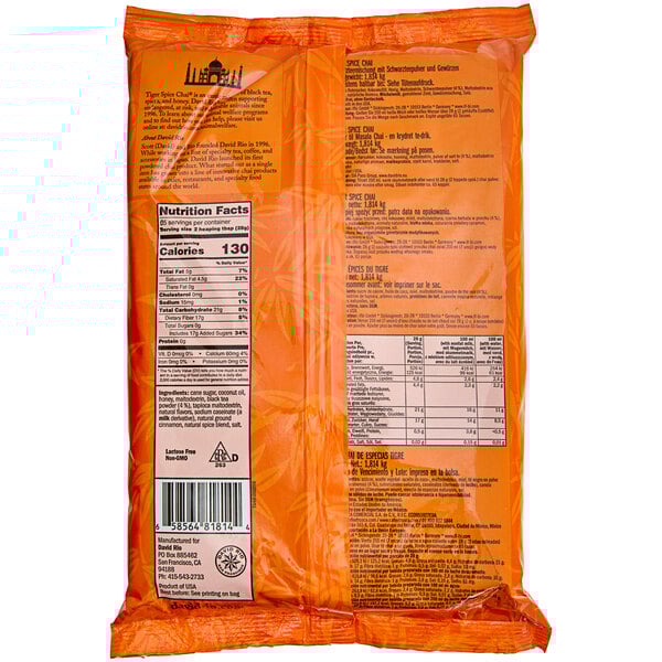 A white bag of David Rio Tiger Spice Chai Tea Latte Mix with orange and black label.