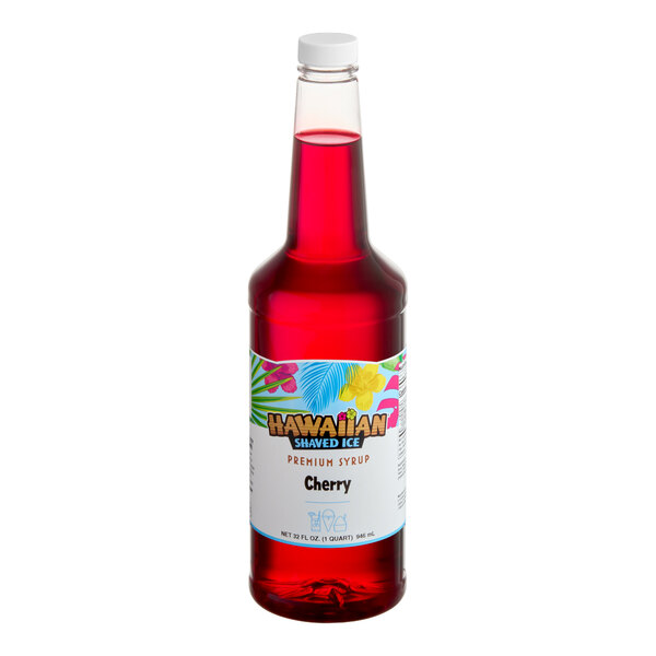 A 32 fl. oz. bottle of Hawaiian Shaved Ice cherry snow cone syrup.
