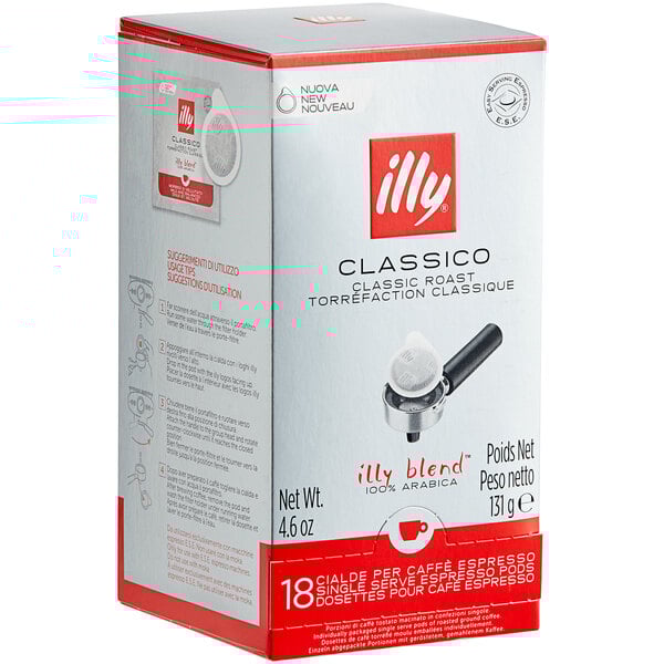 A white box of 18 illy Classico single serve espresso pods.