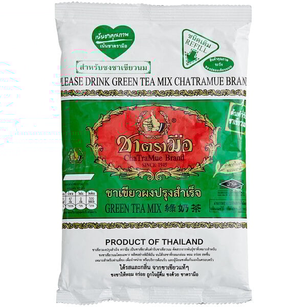 A bag of green and white ChaTraMue Thai green milk tea mix.