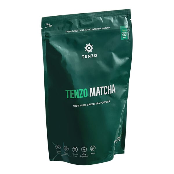 A green Tenzo bag of matcha green tea powder with white text.