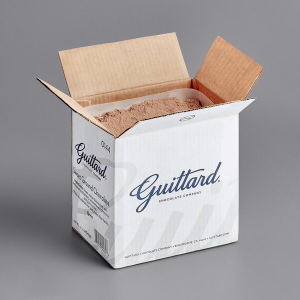 A white box of Guittard sweet ground chocolate powder with brown powder inside.