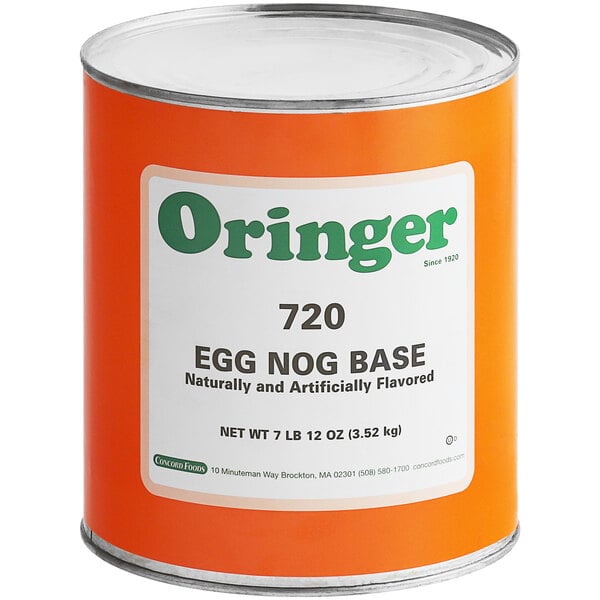 An orange #10 can of Oringer Eggnog Hard Serve Ice Cream Base.