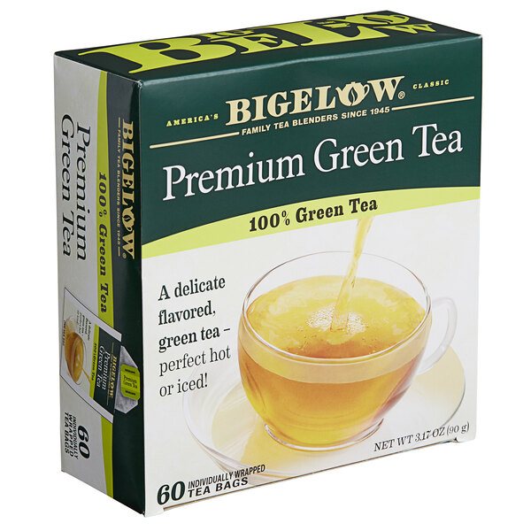 A yellow box of Bigelow Premium Green Tea Bags.