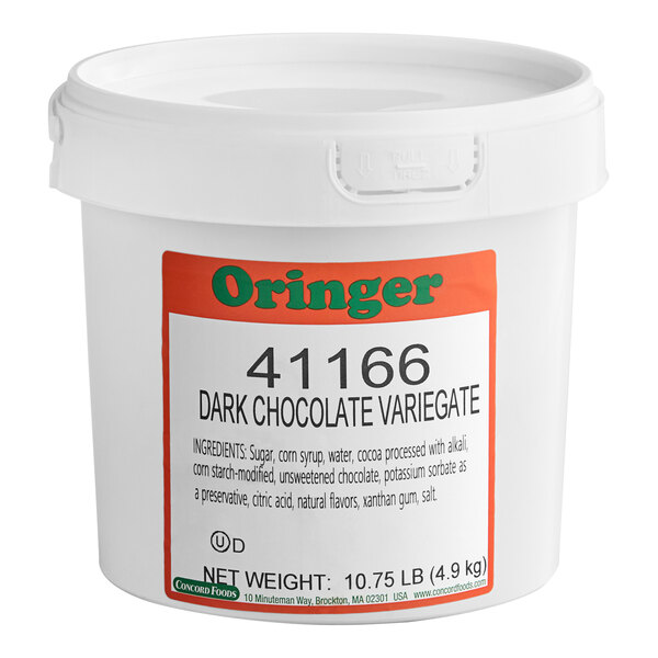 A white container of Oringer Dark Chocolate Variegate with a label.