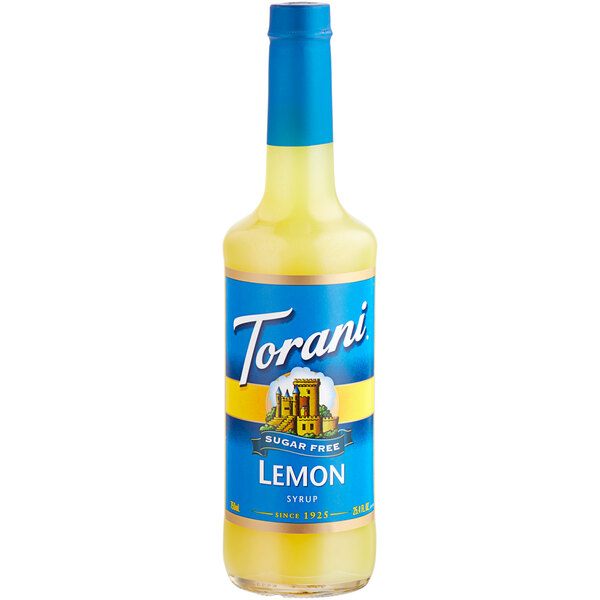 A Torani Sugar-Free Lemon Flavoring syrup bottle.